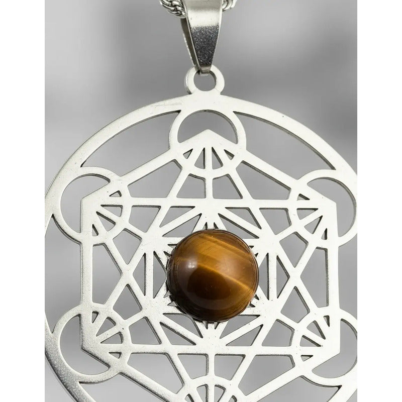 Collar Cubo De Metatron Grande Con Ojo De Tigre + Cadena Metatron Ojo De Tigre