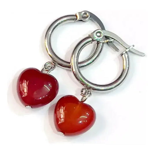Aritos Mujer Corazón Piedra Natural Cornalina - Poder Poder - Cornalina