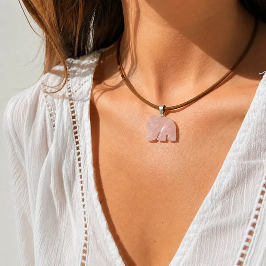 Collar Choker Gargantilla Piedras Naturales Soga Gamuza Elefante Cuarzo Rosa - Gamuza Choco