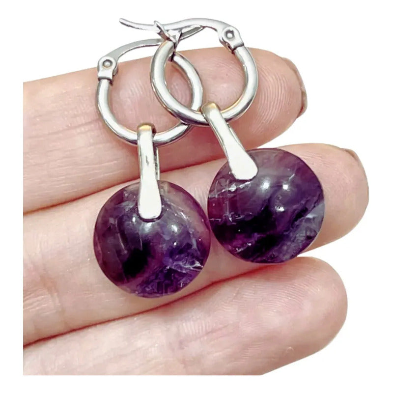 Aros Mujer Piedra Natural Fluorita Arcoiris Acero Quirúrgico Aros Fluorita Arcoiris