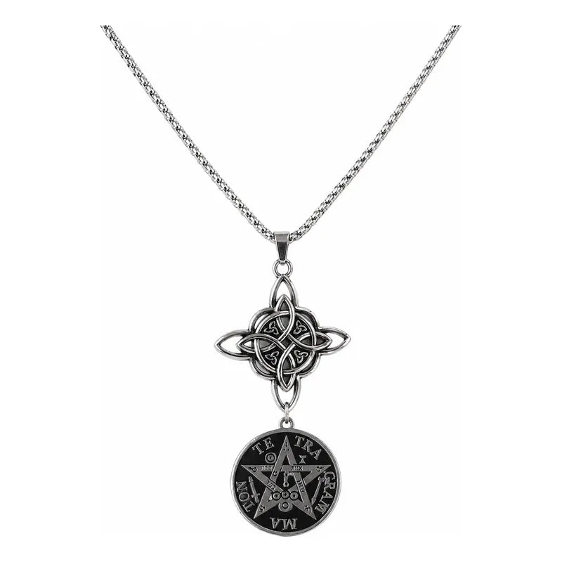 Collar Doble Protección Nudo De Bruja Y Tetramatón Acero Plateado