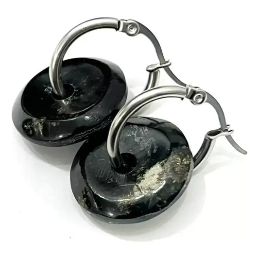 Aros Piedra Dona Pi De Ónix Negro Argollas 20 Mm. Negro Veteado No Es Liso.