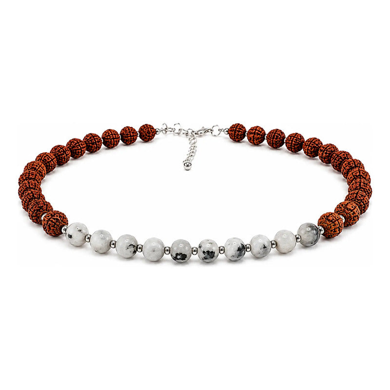 Collar Choker Mini Cuentas Piedras Naturales Delicado 40 Cm Rudraksha Y Adularia 8 Mm.