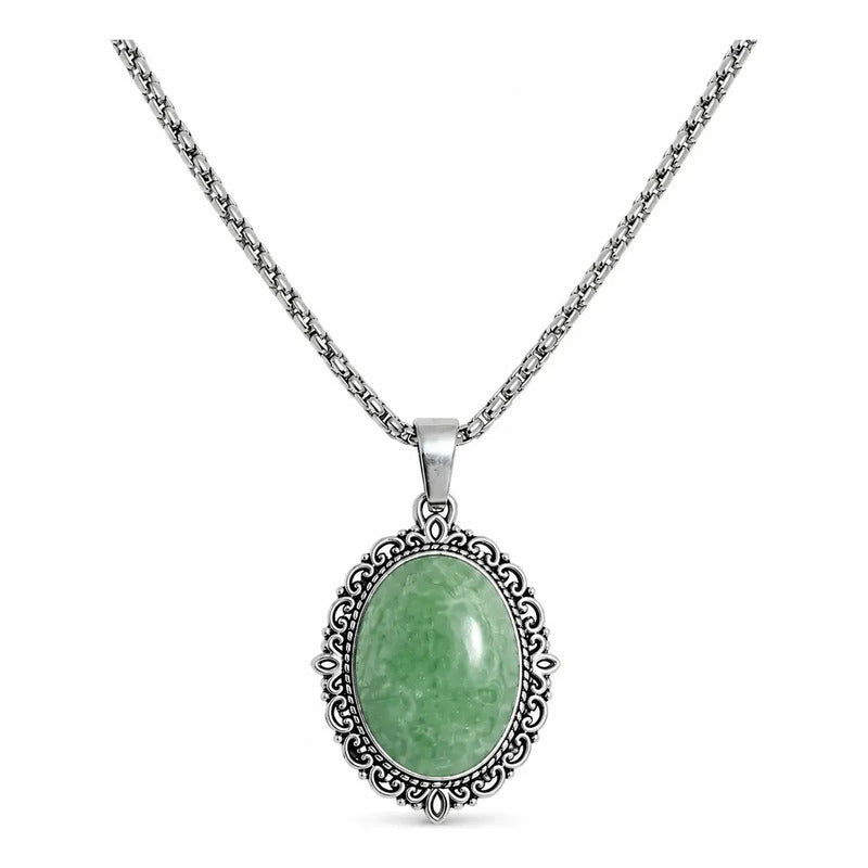 Collar Sanación Cuarzo Verde Con Cadena De Acero 50 Cm Camafeo Cuarzo Verde