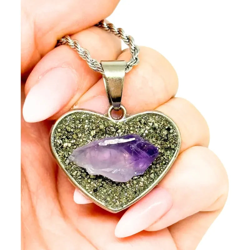 Collar Armonía Y Abundancia Corazón Amatista Pirita Cadena Corazón Pirita Amatista Ll