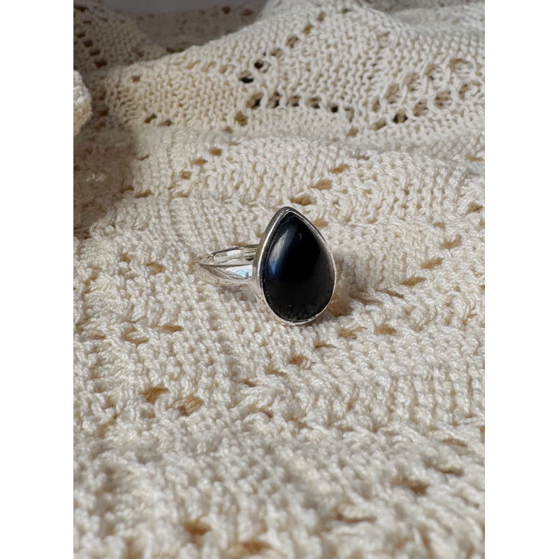 Anillo Mujer Piedras Naturales Baño De Plata Regulable Obsidiana Regulable