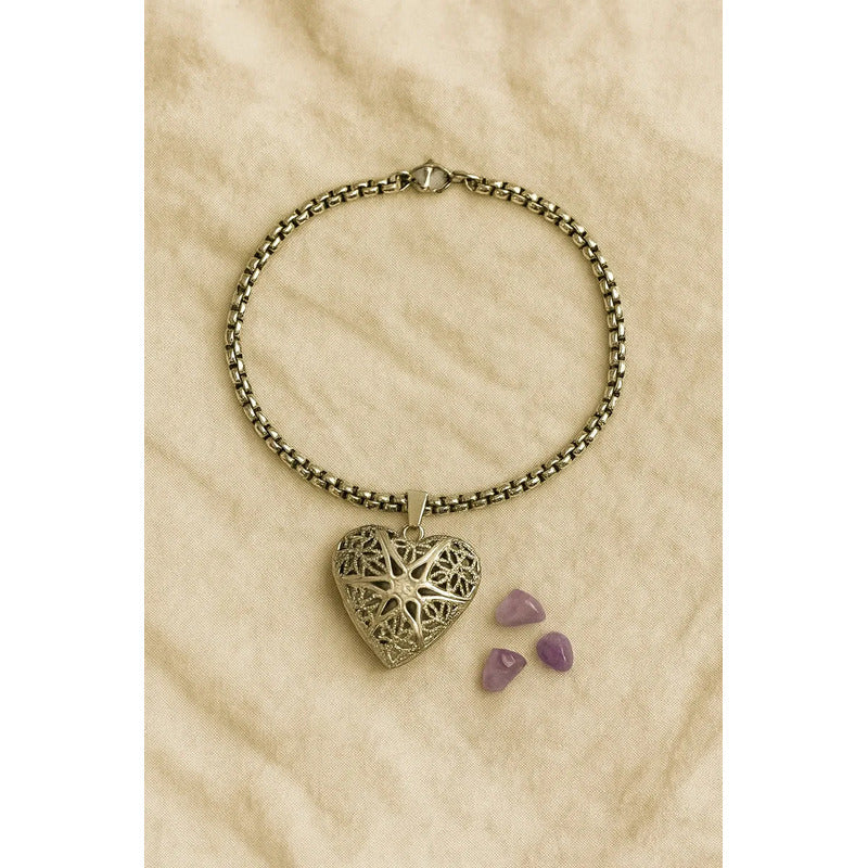 Pulsera Relicario Amatista Con Dije - Divina Existencia Pulsera Corazón Amatista 9 Cm 21 Cm