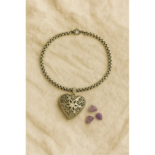 Pulsera Relicario Amatista Con Dije - Divina Existencia Pulsera Corazón Amatista 9 Cm 21 Cm