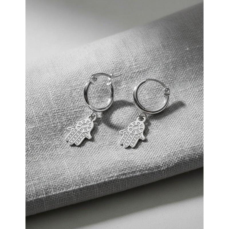 Par Aros Argollitas De Acero Quirúrgico Hamsa Mano De Fátima Gris