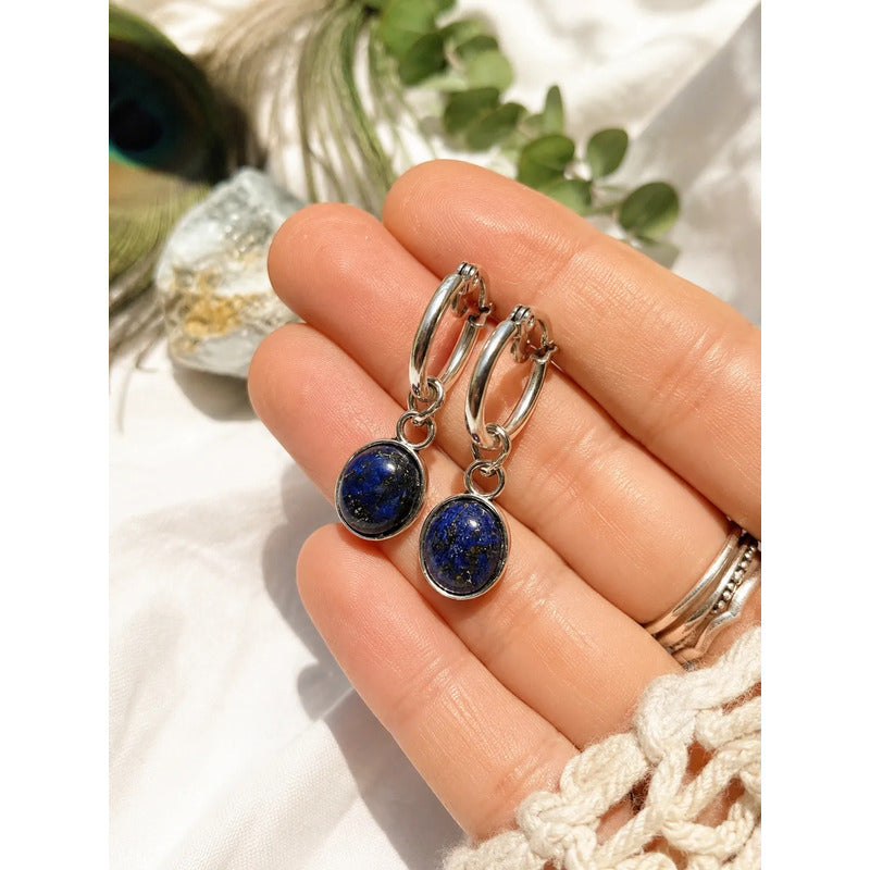 Aros Boho Piedra Natural Oval De Acero - Divina Existencia Lapislázuli