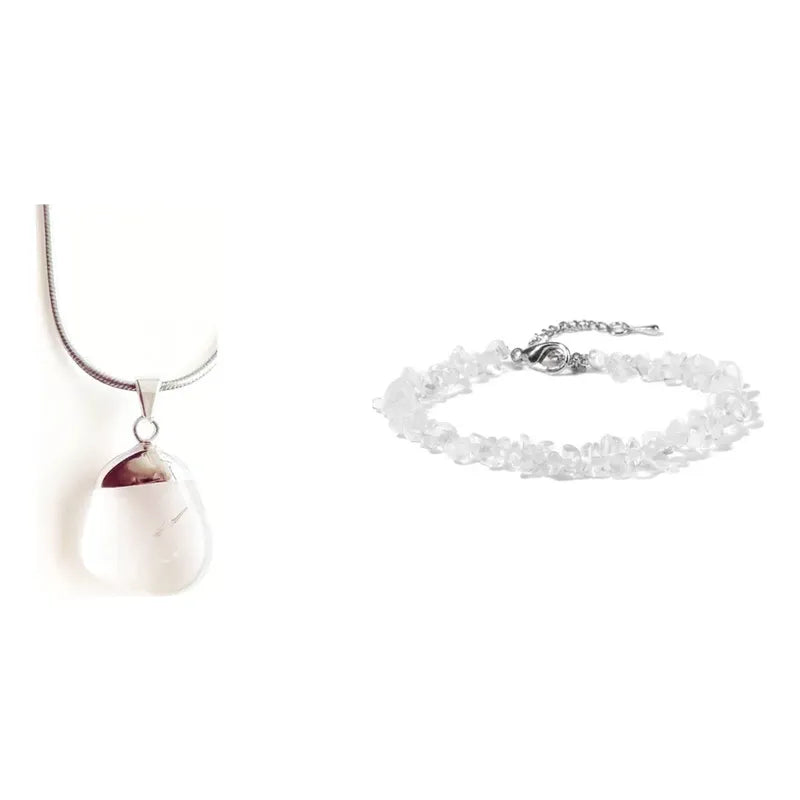 Kit Energía: Collar Cuarzo Cristal Natural + Pulsera Piedras Naturales Cuarzo Cristal 8-20 Cm