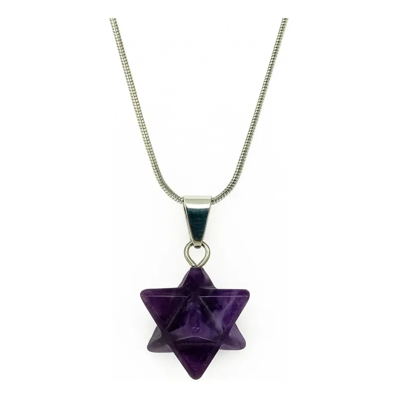 Collar De Piedra Natural Estrella Merkaba + Cadena Acero Color Amatista
