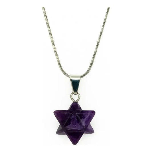 Collar De Piedra Natural Estrella Merkaba + Cadena Acero Color Amatista