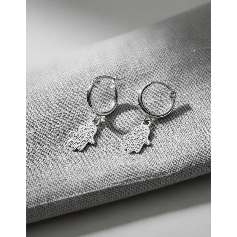 Par Aros Argollitas De Acero Quirúrgico Hamsa Mano De Fátima Gris