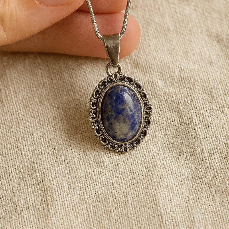 Collar Camafeo Con Piedra Lapislázuli Y Cadena De Acero Camafeo Lapislázuli