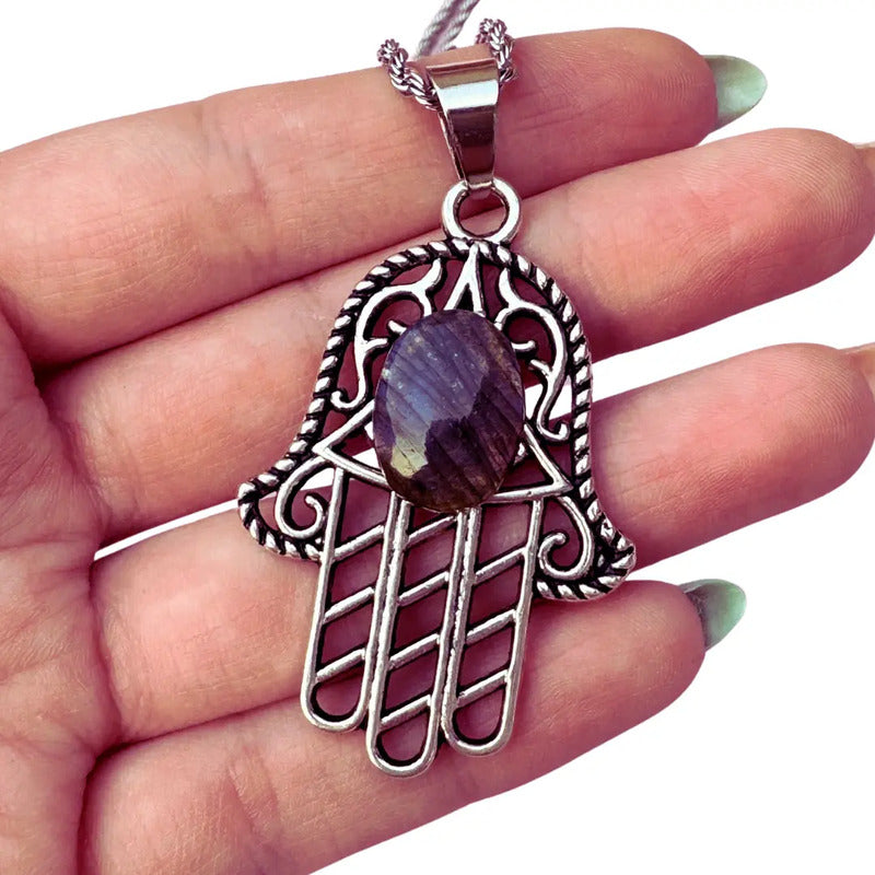 Collar Grande  Hamsa  Mano De Fátima Con Piedra Labradorita Hamsa Labradorita