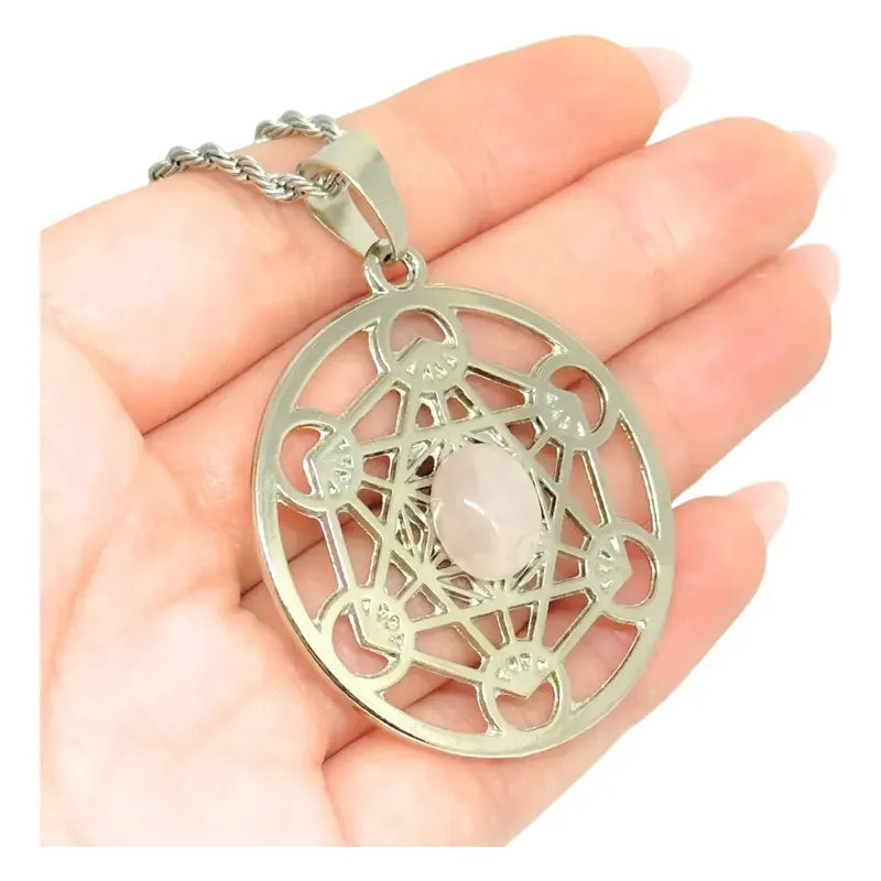 Collar Cubo De Metatron Grande Con Cuarzo Rosa + Cadena Metatron Cuarzo Rosa