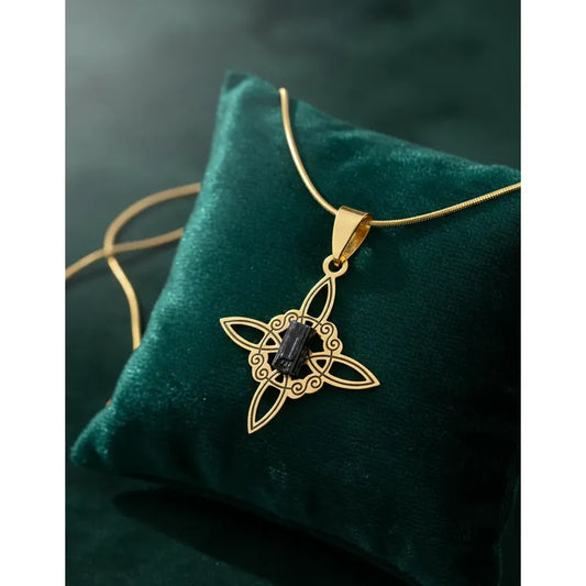 Collar Protección Nudo De Bruja Turmalina + Cadena De Acero Nudo De Bruja Y Turmalina