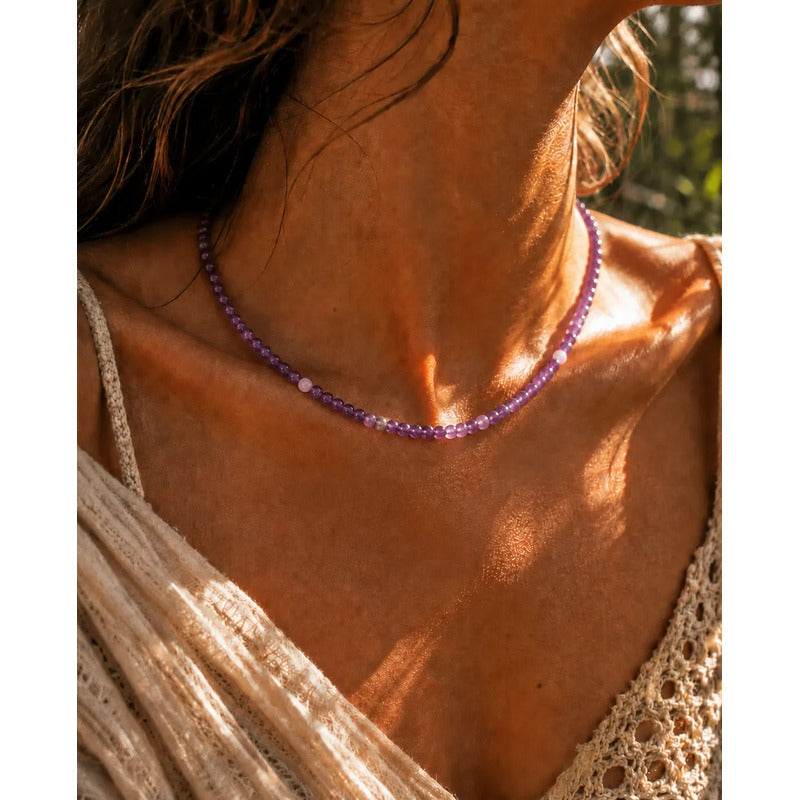 Collar Choker Mini Cuentas Piedras Naturales Delicado 40 Cm Amatista