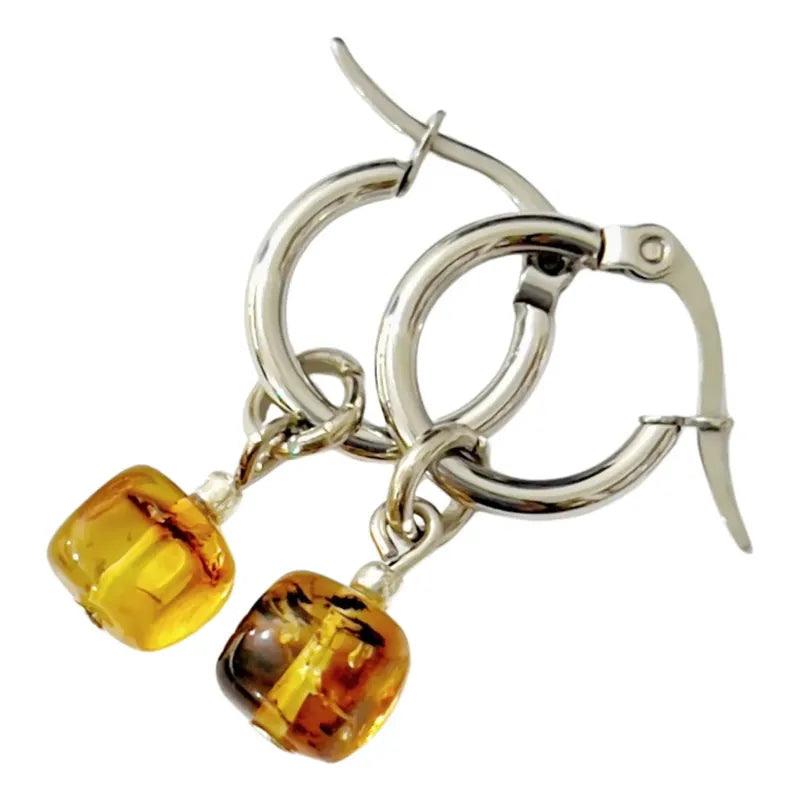 Aros De Acero Quirúrgico Con Piedra Ámbar Auténtica