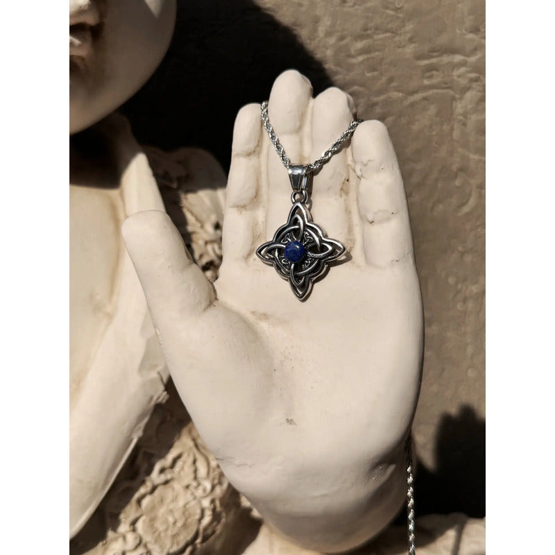 Collar Nudo De Bruja Piedra Lapislázuli + Cadena De Acero Nudo De Bruja Y Lapislázuli