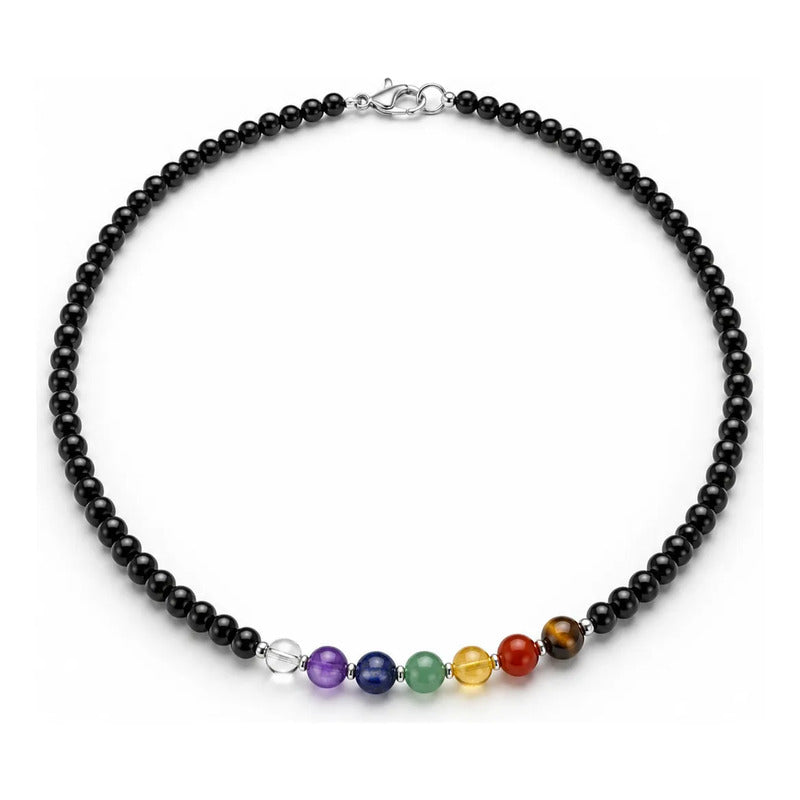 Collar Choker Mini Cuentas Piedras Naturales Delicado 40 Cm Obsidiana Y 7 Chakras