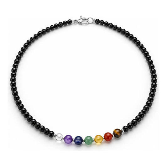 Collar Choker Mini Cuentas Piedras Naturales Delicado 40 Cm Obsidiana Y 7 Chakras