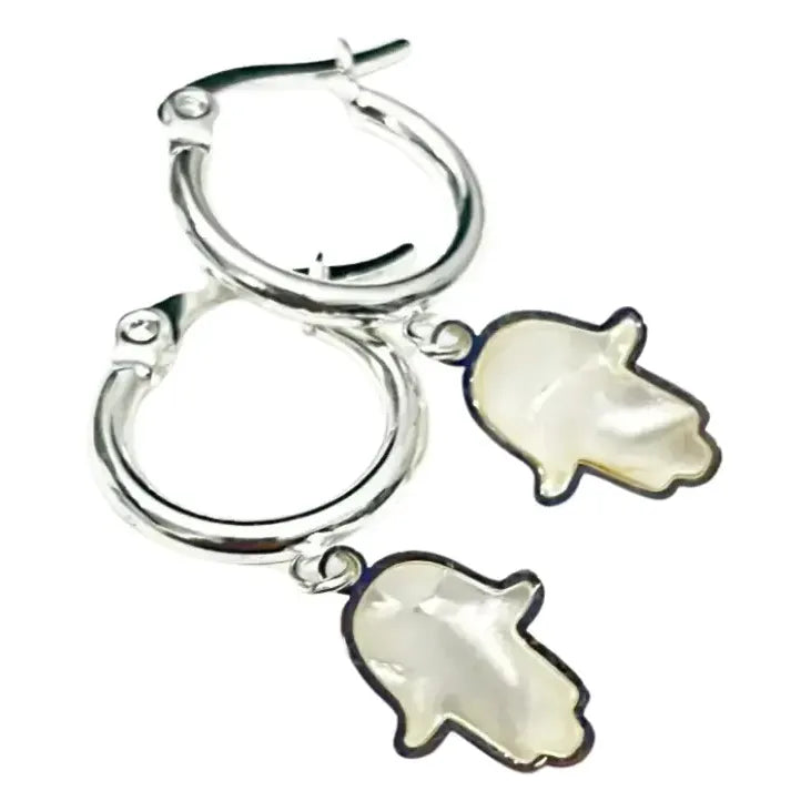 Aros Acero Bañados En Plata Hamsa Mano De Fátima Nacarados Plateado
