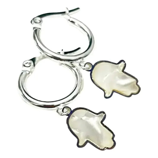Aros Acero Bañados En Plata Hamsa Mano De Fátima Nacarados Plateado