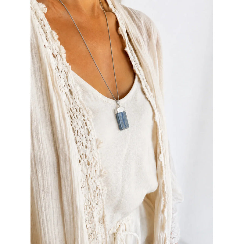 Collar Meditación - Piedra Cianita Azul Con Cadena De Acero Cianita Azul