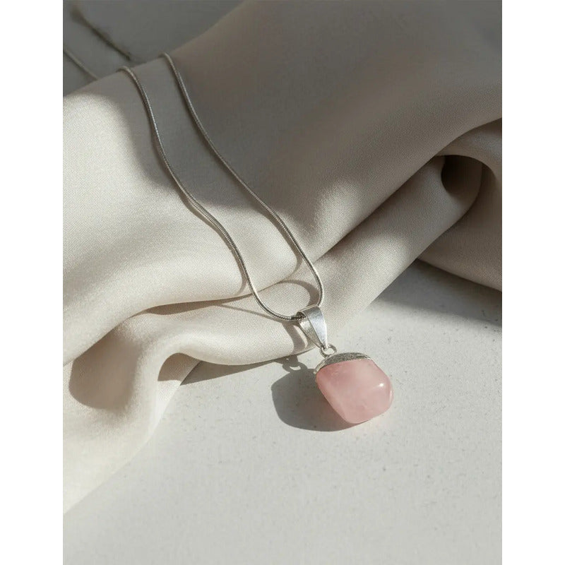 Collar Amor Propio Cristal Cuarzo Rosa + Cadena De Acero Cuarzo Rosa