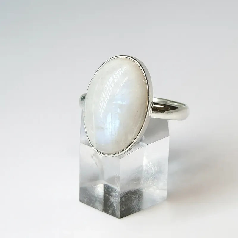 Anillo Piedras Naturales Adularia Regulable Acero Quirúrgico Color Piedra De La Luna Talle Ajustable