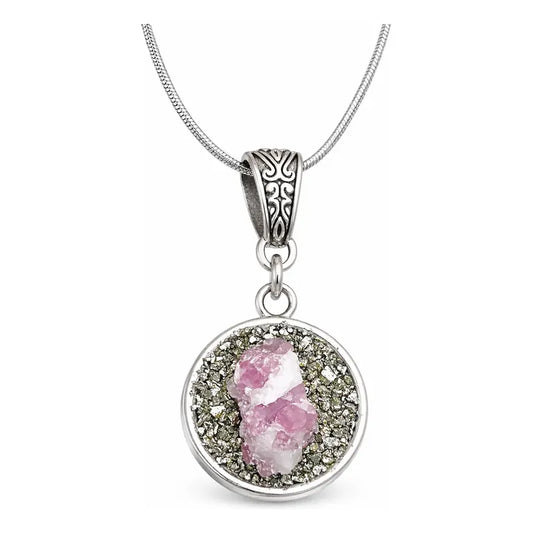 Collar Dije Turmalina Rosa + Pirita Y Cadena De Acero Pirita Y Turmalina Rosa