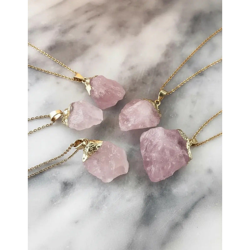 Collar Cuarzo Rosa Piedra Natural Bruto Dorado Con Cadena Cuarzo Rosa