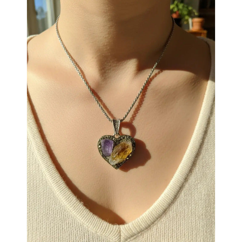 Collar Armonía Y Abundancia Corazón Amatista Pirita + Cadena Amatista Y Citrino Con Pirita