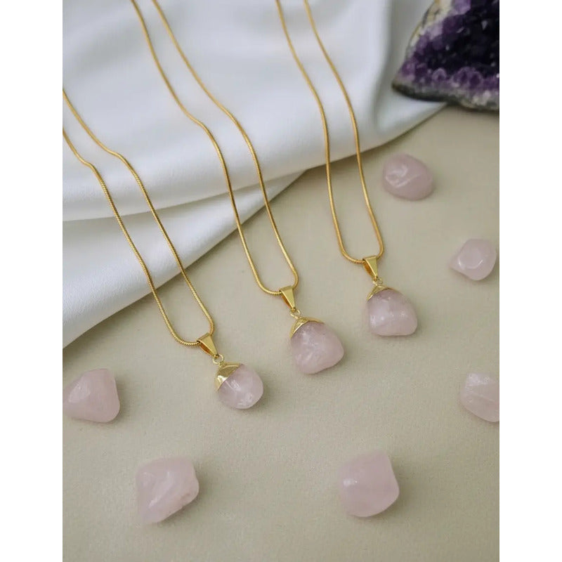 Collar Amor Propio Cristal Cuarzo Rosa + Cadena De Acero Cuarzo Rosa Dorado