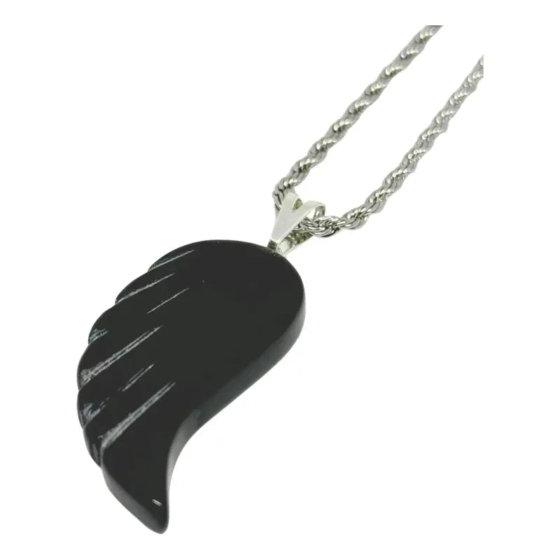 Collar Ala De Obsidiana Auténtica 3,5 Cm.  + Cadena De Acero
