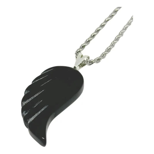 Collar Ala De Obsidiana Auténtica 3,5 Cm.  + Cadena De Acero