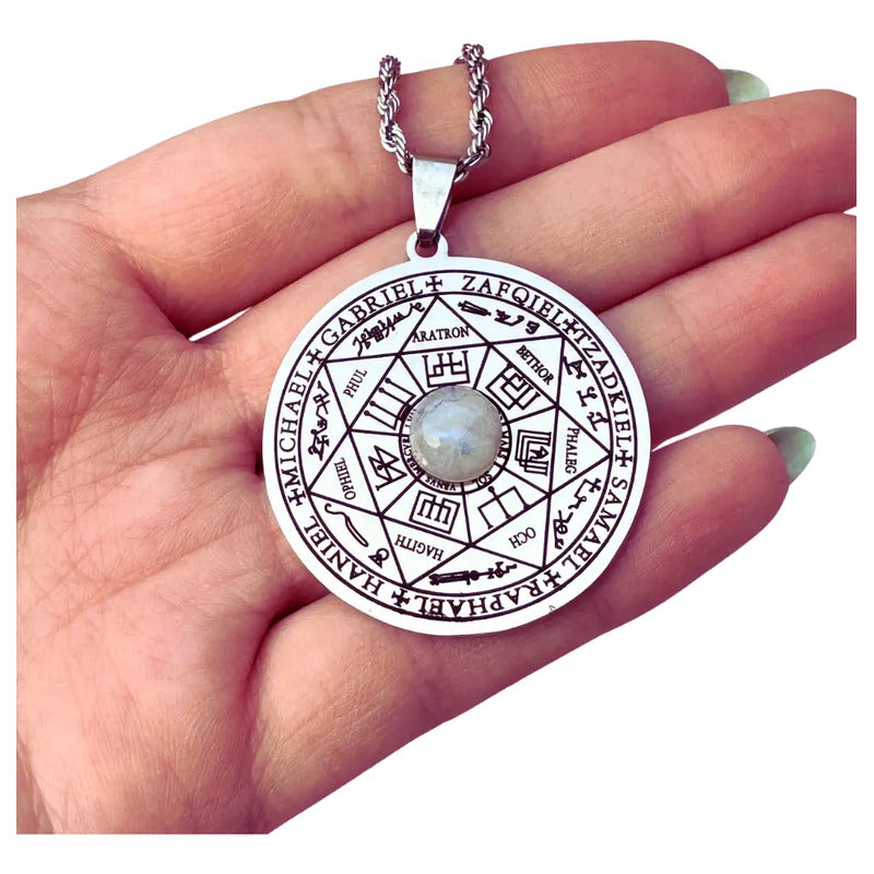 Collar  7 Arcángeles  Grande De Acero Con Piedra De La Luna 7 Arcángeles Con Piedra De La Luna