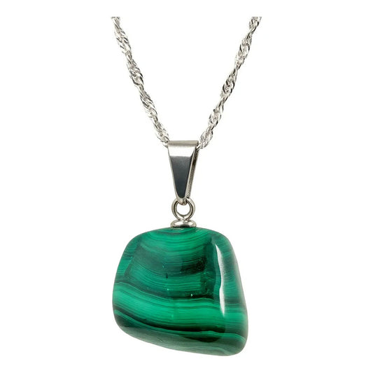 Collar Tranquilidad Piedra De Malaquita Y Cadena De Acero Malaquita