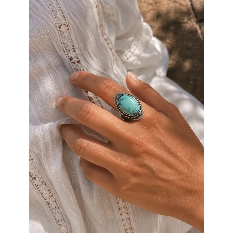 Anillo Alpaca Regulable Con Piedra Turquesa - Comunicación Turquesa Unico Regulable Único Ajustable