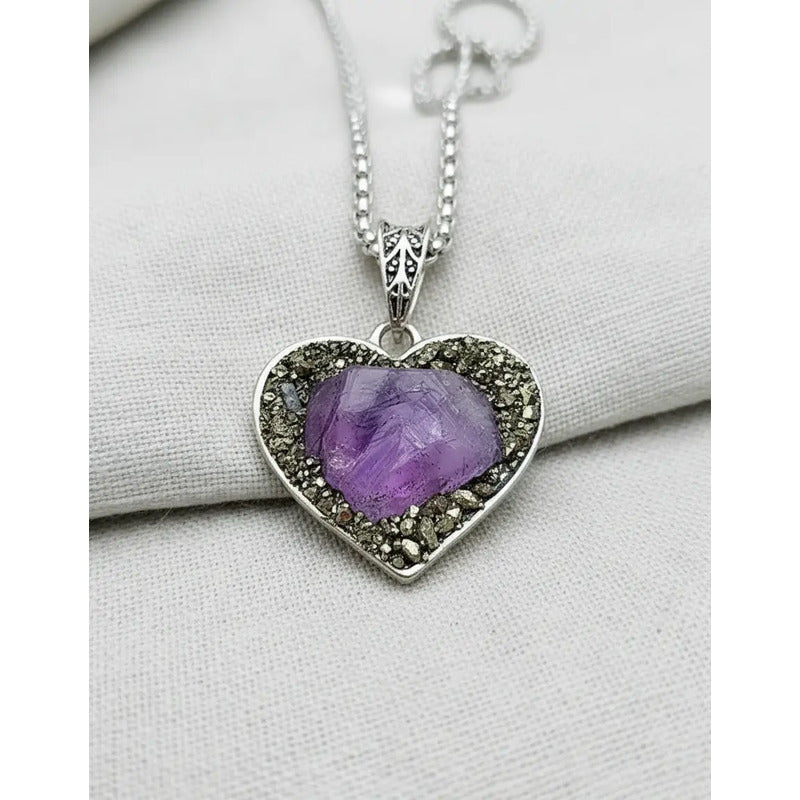 Collar Armonía Y Abundancia Corazón Amatista Pirita + Cadena Corazón Pirita Amatista
