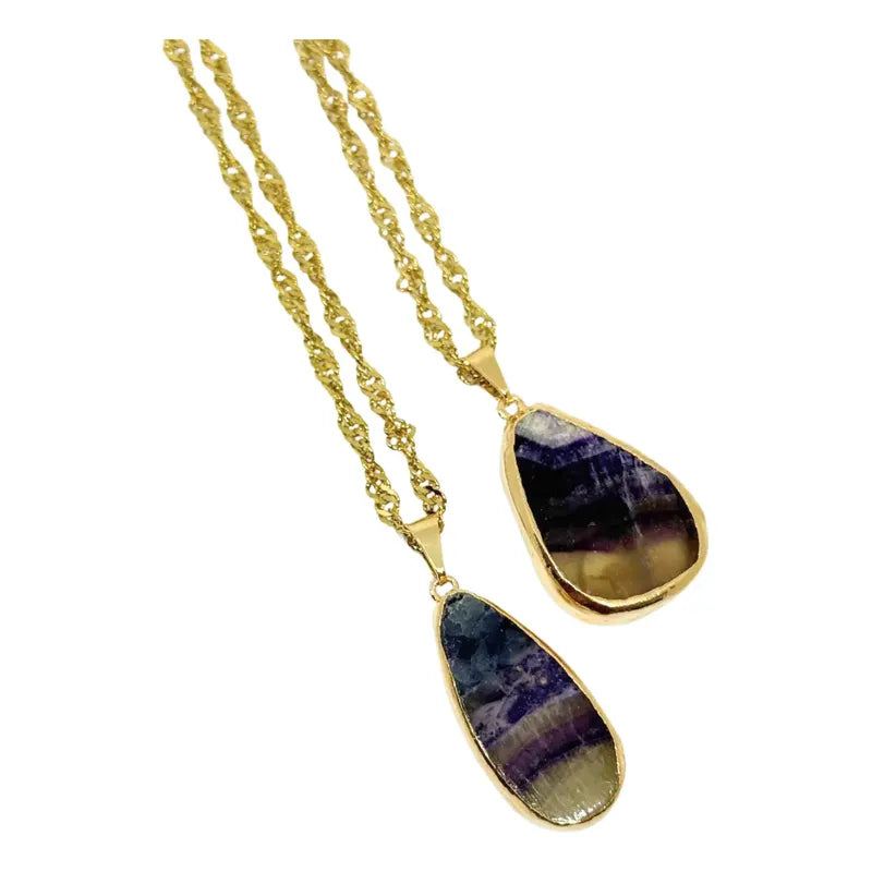 Collar Piedra Natural Fluorita Arcoiris + Cadena Acero Gold Fluorita Arcoiris