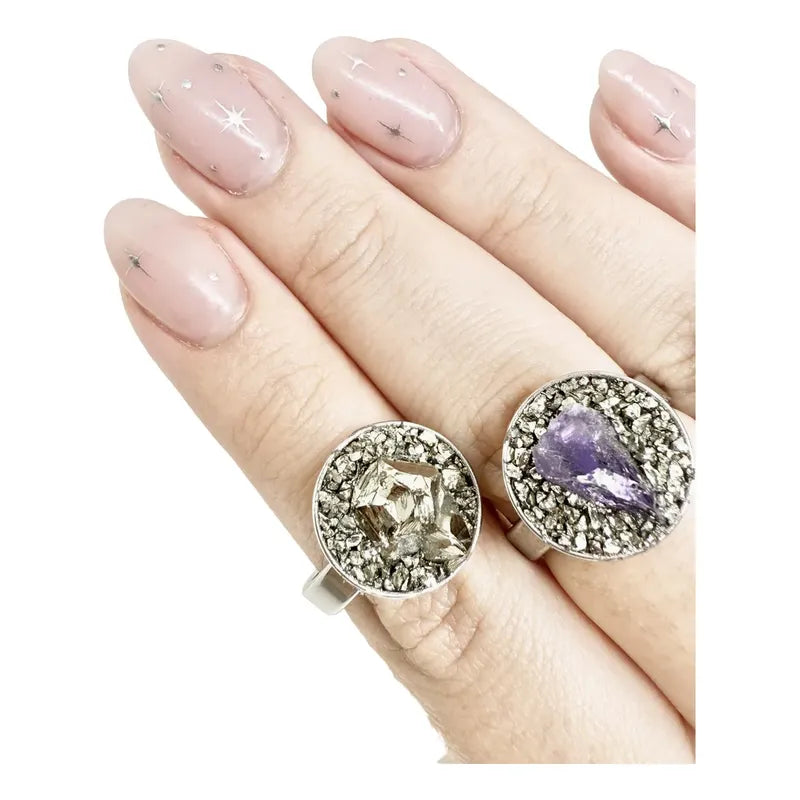 Anillo Piedras Naturales Mujer Turmalina Pirita Crisocola Color Amatista Y Pirita Talle 20 Amatista Pirita