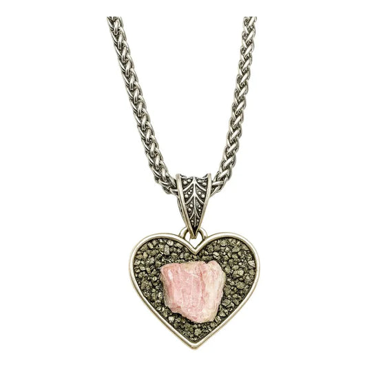 Collar Corazón De Turmalina Rosa + Pirita Y Cadena De Acero Corazón Pirita Y Turmalina Rosa Corazón Pirita Turmalina Rosa