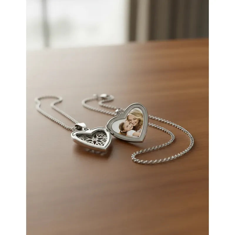 Collar Relicario Corazón Para Fotos Mini 20x20 Mm Con Cadena Corazón Calado 30 Mm