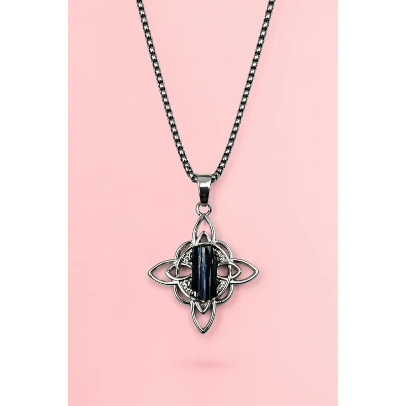 Collar Protección Nudo De Bruja Turmalina + Cadena De Acero Nudo Relieve Turmalina