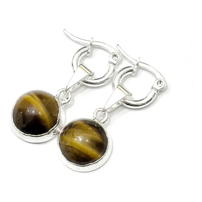 Aros Equilibrio Piedra Natural Ojo De Tigre Y Baño De Plata Redondos 10 Mm.