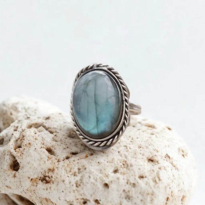 Anillo Alpaca Regulable Con Piedra Labradorita Y Pirita Labradorita Unico Regulable