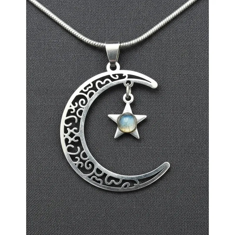 Collar Luna Y Estrella Con Piedra Labradorita Y Cadena Luna Estrella Labradorita